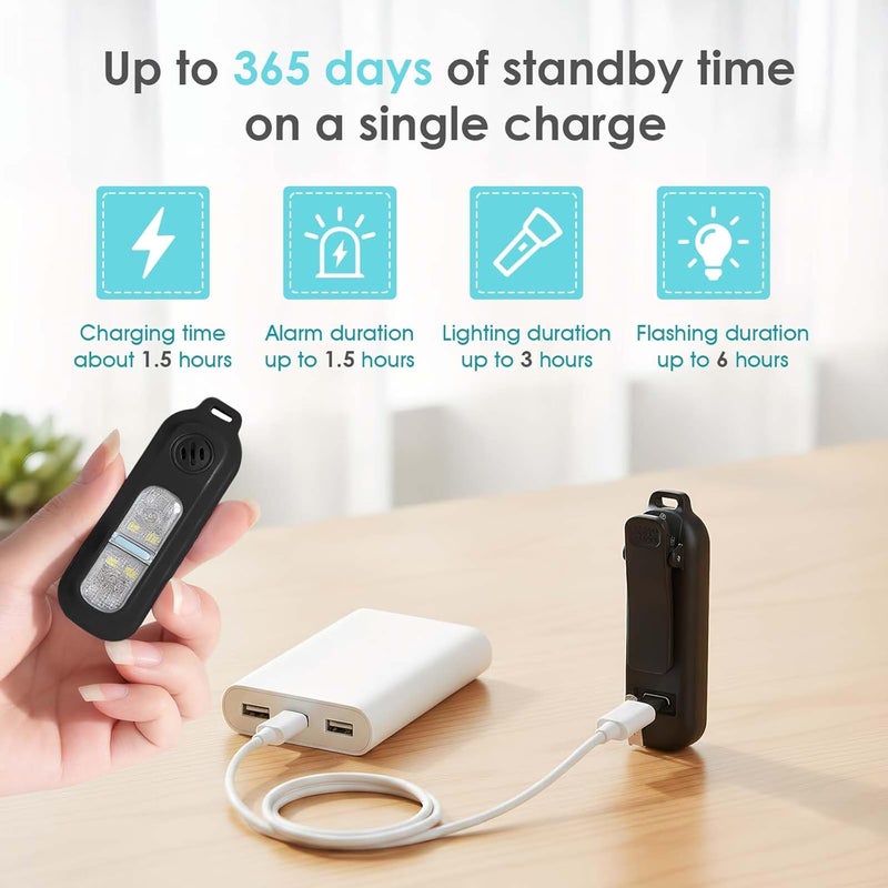 cjc Rechargeable Personal Safety Alarm for Women,130DB Self Defense Keychain Alarms with Strobe Light & LED Flashlight, Bear Alarm Deterrent, Clip-On Emergency Safety Siren for Night Runners Kid, Black - Image 3